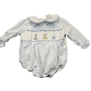 Stitchy Fish Boy 9-12M Smocked Romper Blue Polka Dot Birthday Cake